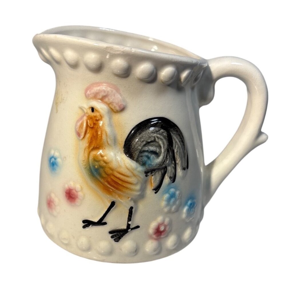 Rooster Creamer Pitcher 1-Cup Floral Vintage Ceramic Japan 3.5" Tall Farmhouse
